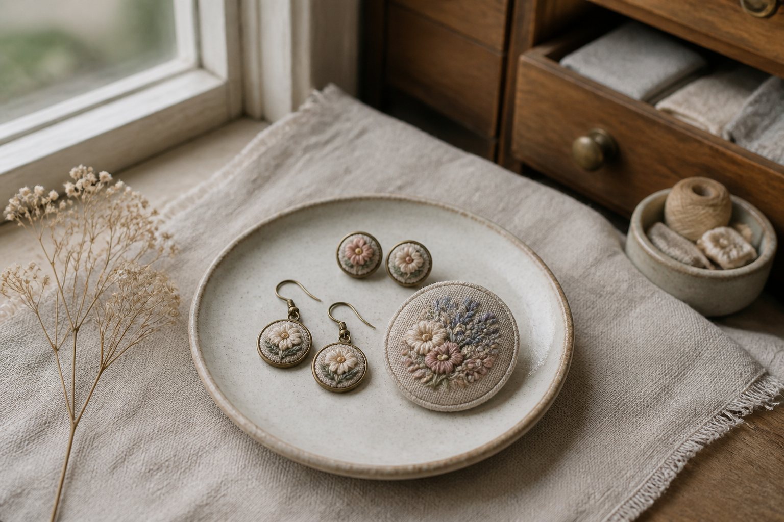 リネンクロスの上、陶器の小皿に並んだ刺繍アクセサリーとドライフラワー
