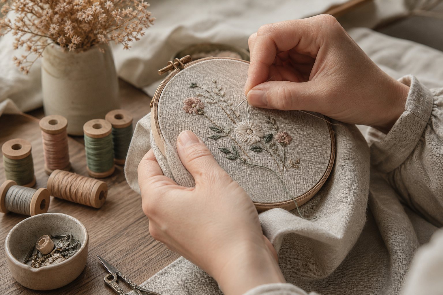 刺繍枠を持ちリネンに針を通している作家の手もと