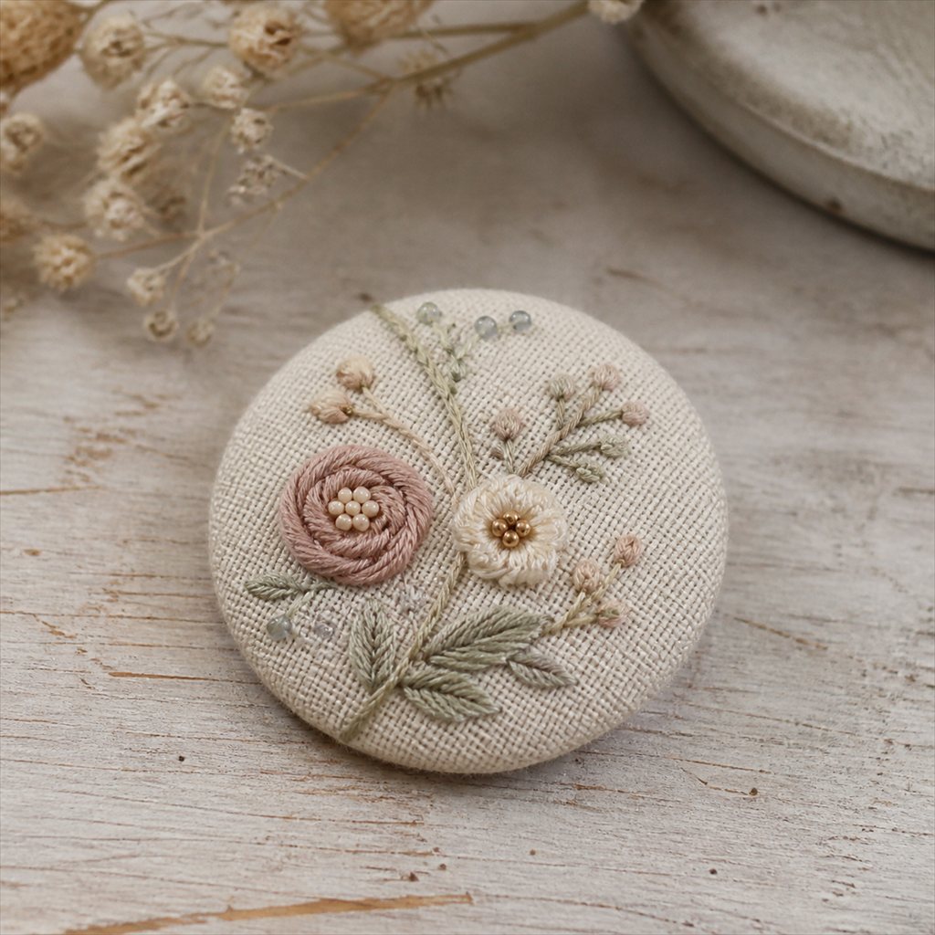 リネン生地に手刺繍を施した丸いブローチ「まる文」