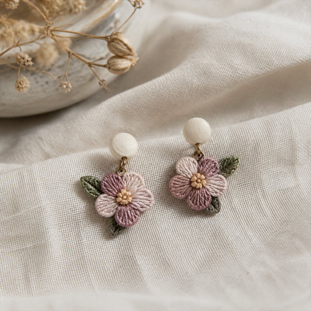 刺繍糸で作った小さな花モチーフのピアス「野の花」