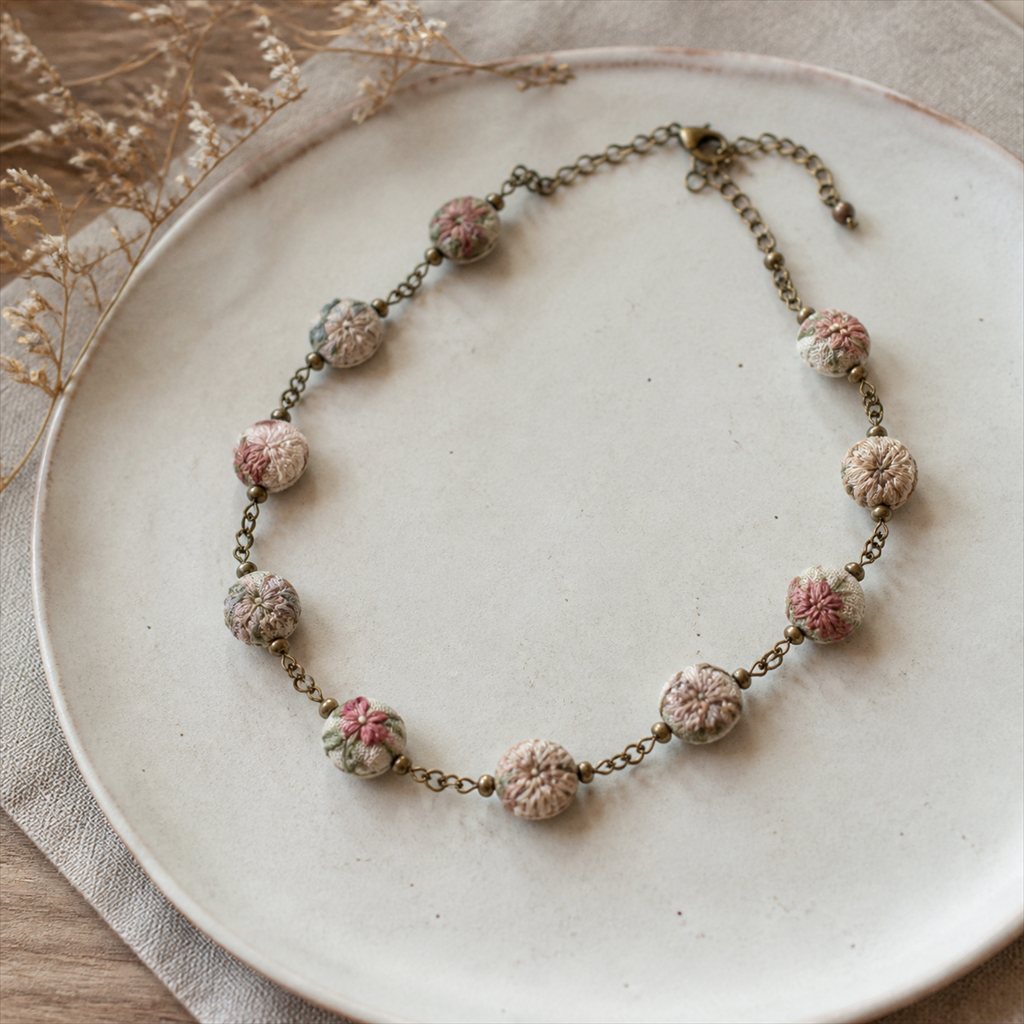 刺繍玉と真鍮パーツを繋いだ華奢なネックレス「連なり」